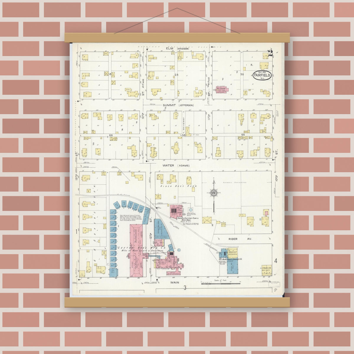 Old map wall art mockup — magnetic wood frame on brick wall — Sanborn Fire Insurance Map from Fairfield, Wayne County, Illinois (1913), Sheet #0002
