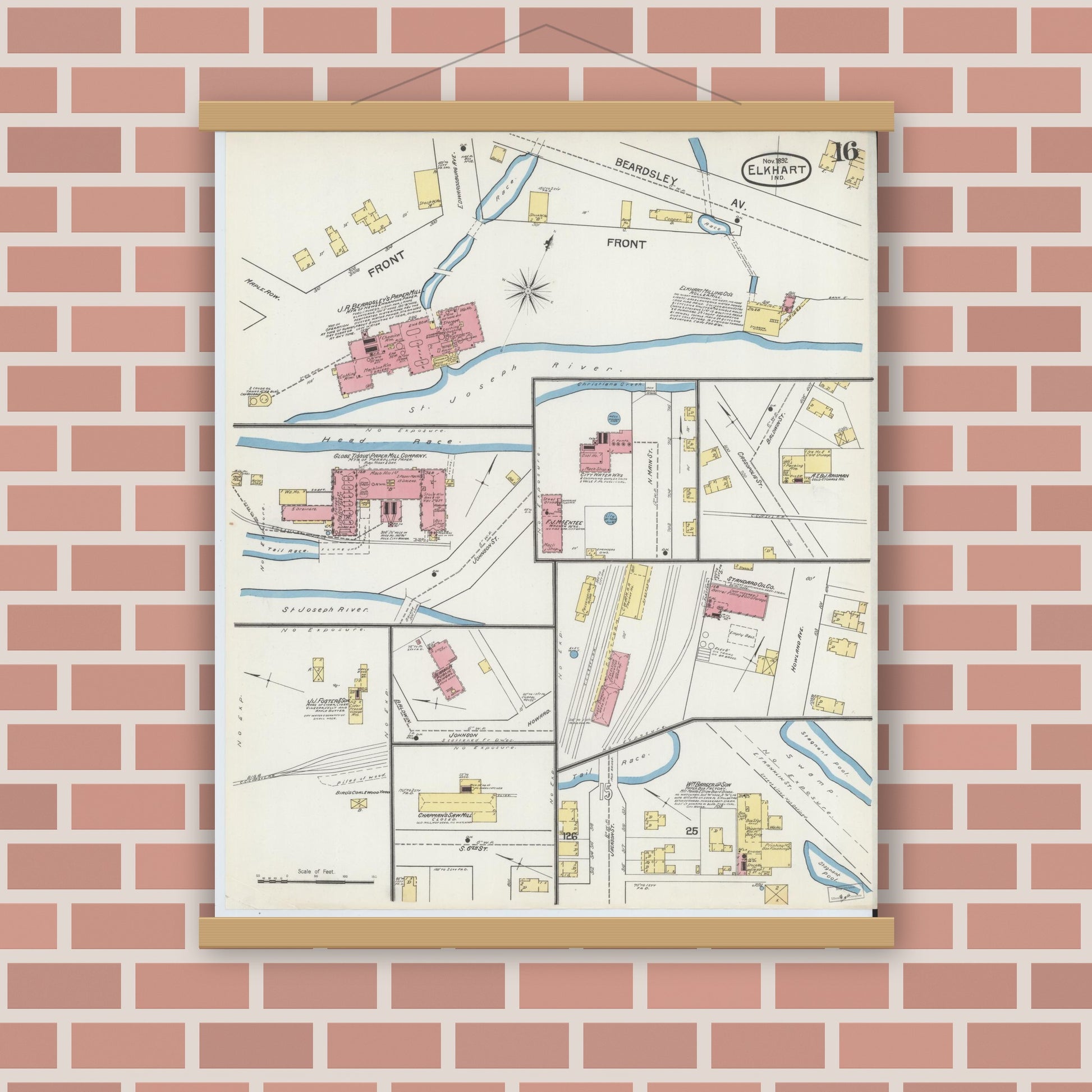 Old map wall art mockup — magnetic wood frame on brick wall — Sanborn Fire Insurance Map from Elkhart, Elkhart County, Indiana (1892), Sheet #0016