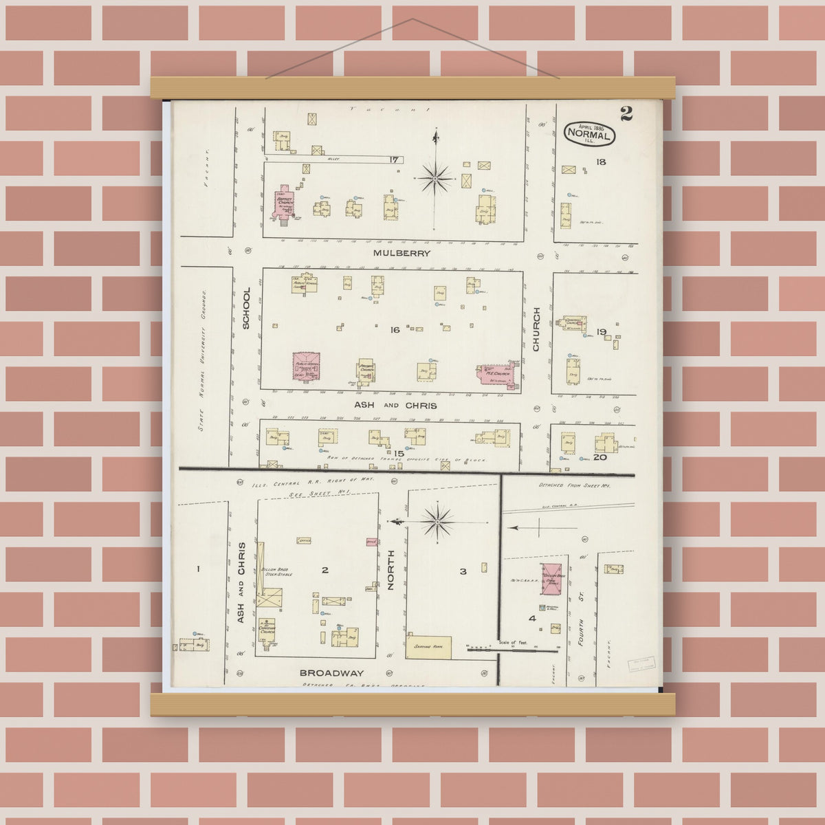Old map wall art mockup — magnetic wood frame on brick wall — Sanborn Fire Insurance Map from Normal, McLean County, Illinois (1885), Sheet #0002