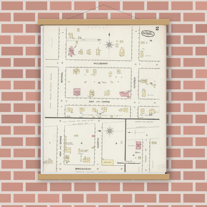 Old map wall art mockup — magnetic wood frame on brick wall — Sanborn Fire Insurance Map from Normal, McLean County, Illinois (1885), Sheet #0002