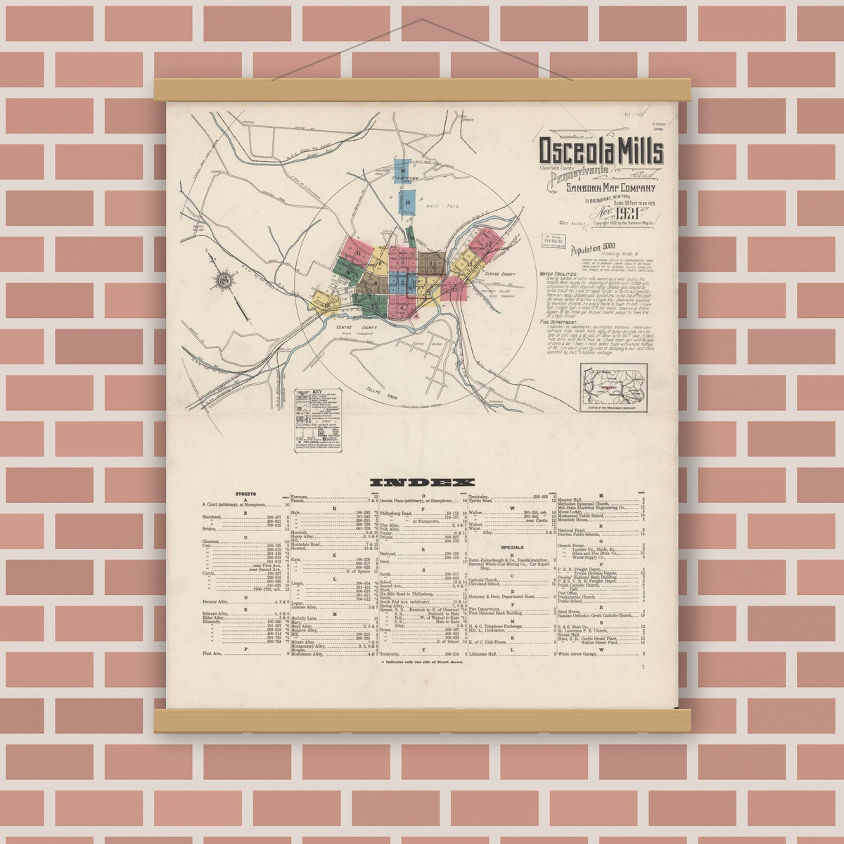 Old map wall art mockup — magnetic wood frame on brick wall — Sanborn Fire Insurance Map from Osceola Mills, Clearfield County, Pennsylvania (1921) - Complete Map Set