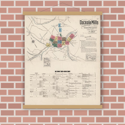 Old map wall art mockup — magnetic wood frame on brick wall — Sanborn Fire Insurance Map from Osceola Mills, Clearfield County, Pennsylvania (1921) - Complete Map Set