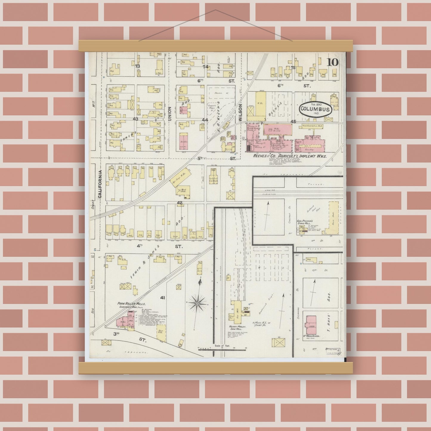 Old map wall art mockup — magnetic wood frame on brick wall — Sanborn Fire Insurance Map from Columbus, Bartholomew County, Indiana (1890), Sheet #0010