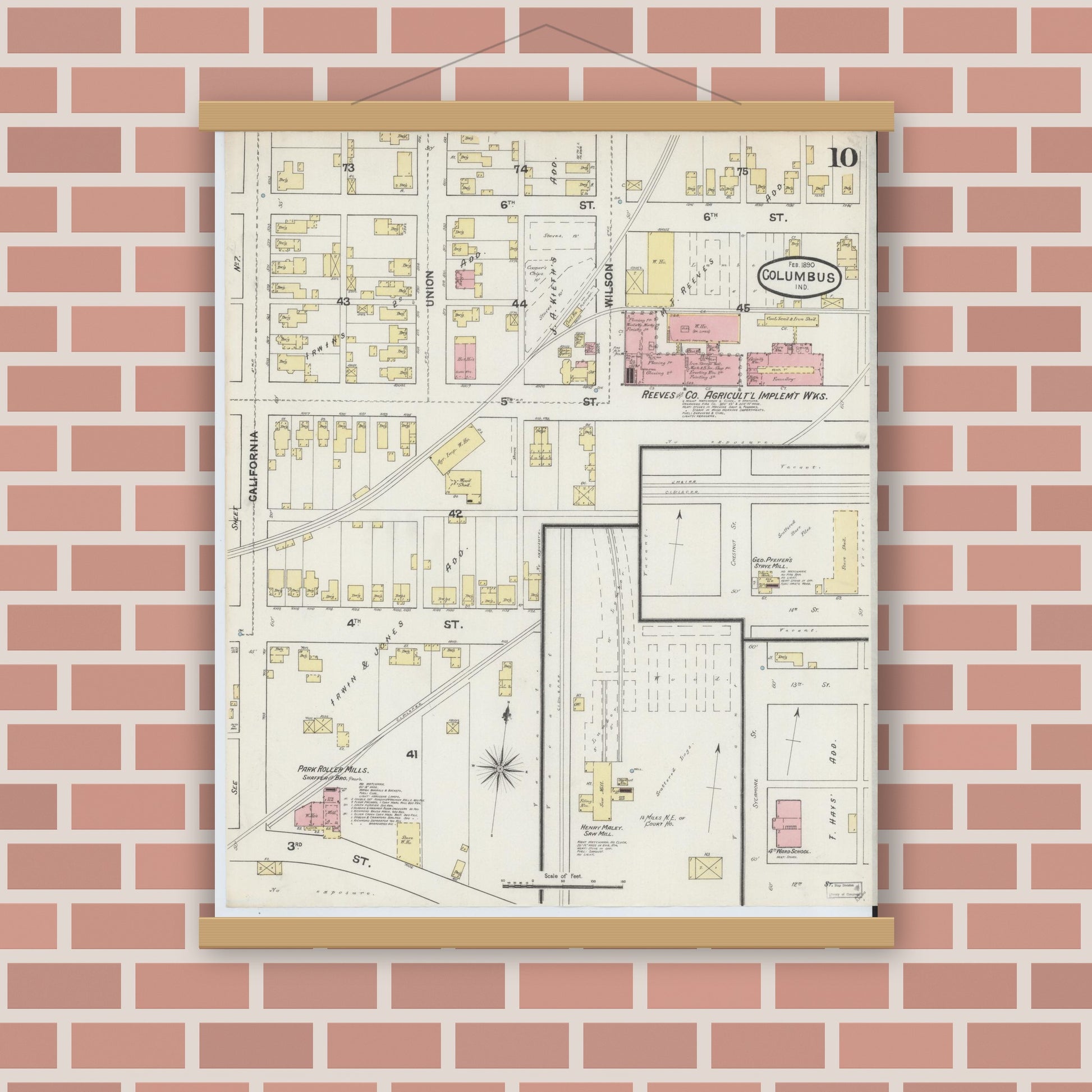 Old map wall art mockup — magnetic wood frame on brick wall — Sanborn Fire Insurance Map from Columbus, Bartholomew County, Indiana (1890), Sheet #0010