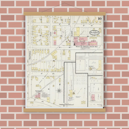 Old map wall art mockup — magnetic wood frame on brick wall — Sanborn Fire Insurance Map from Columbus, Bartholomew County, Indiana (1890), Sheet #0010