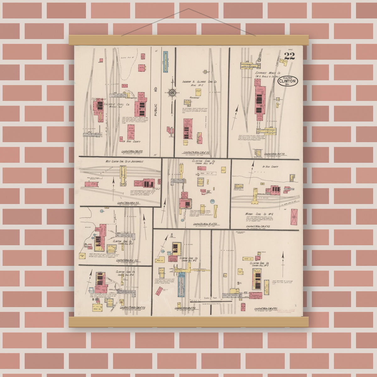 Old map wall art mockup — magnetic wood frame on brick wall — Sanborn Fire Insurance Map from Clinton, Vermillion County, Indiana (1921), Sheet #0022
