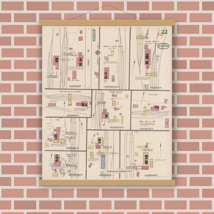 Old map wall art mockup — magnetic wood frame on brick wall — Sanborn Fire Insurance Map from Clinton, Vermillion County, Indiana (1921), Sheet #0022