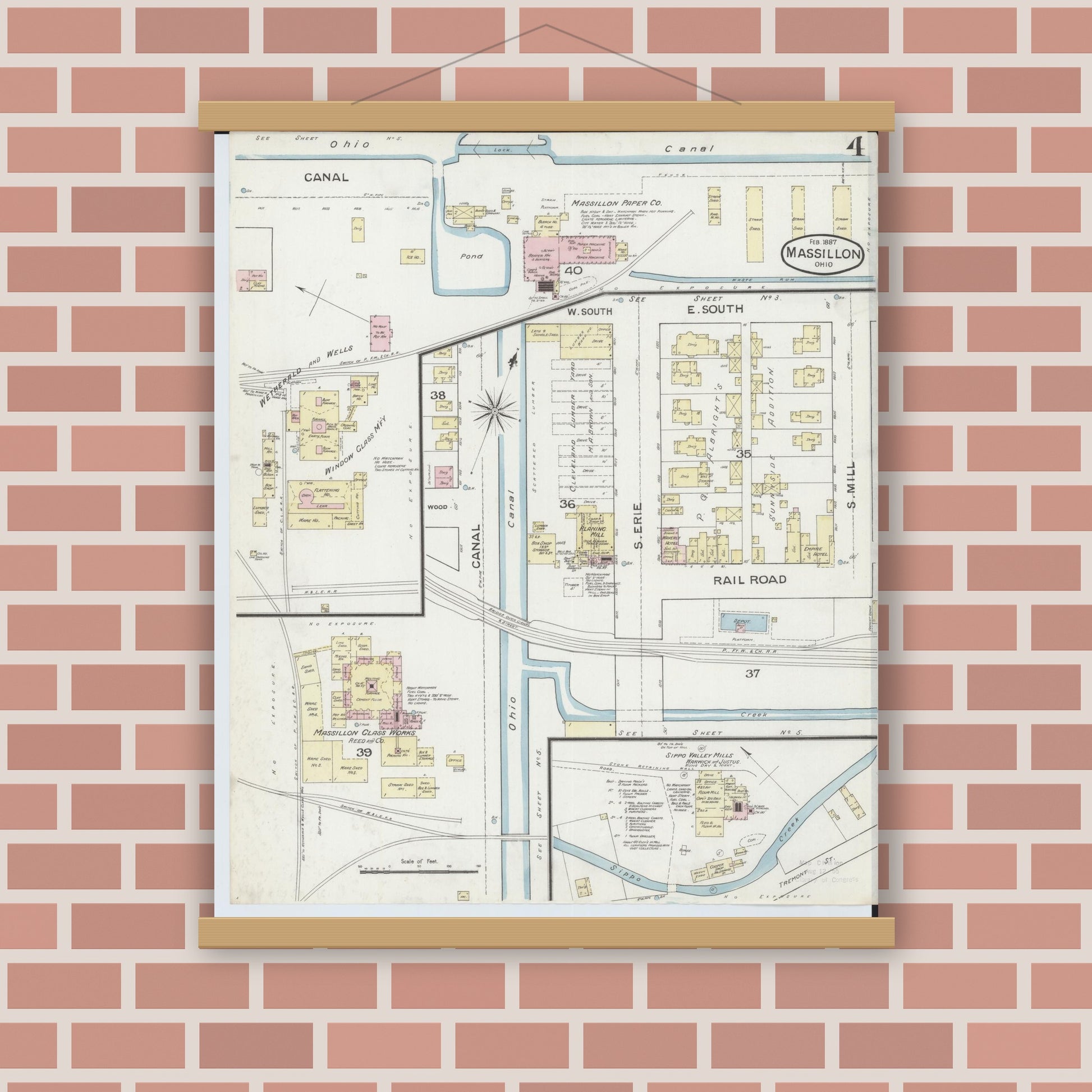 Old map wall art mockup — magnetic wood frame on brick wall — Sanborn Fire Insurance Map from Massillon, Stark County, Ohio (1887), Sheet #0004