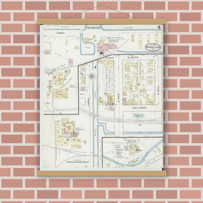 Old map wall art mockup — magnetic wood frame on brick wall — Sanborn Fire Insurance Map from Massillon, Stark County, Ohio (1887), Sheet #0004