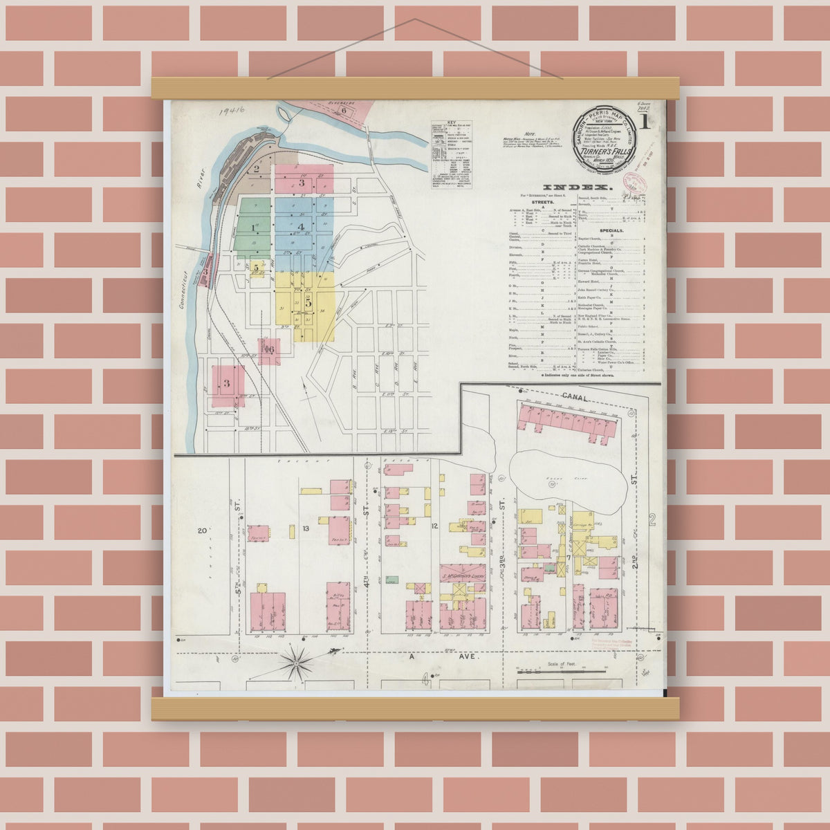Old map wall art mockup — magnetic wood frame on brick wall — Sanborn Fire Insurance Map from Turners Falls, Franklin County, Massachusetts (1895), Sheet #0001