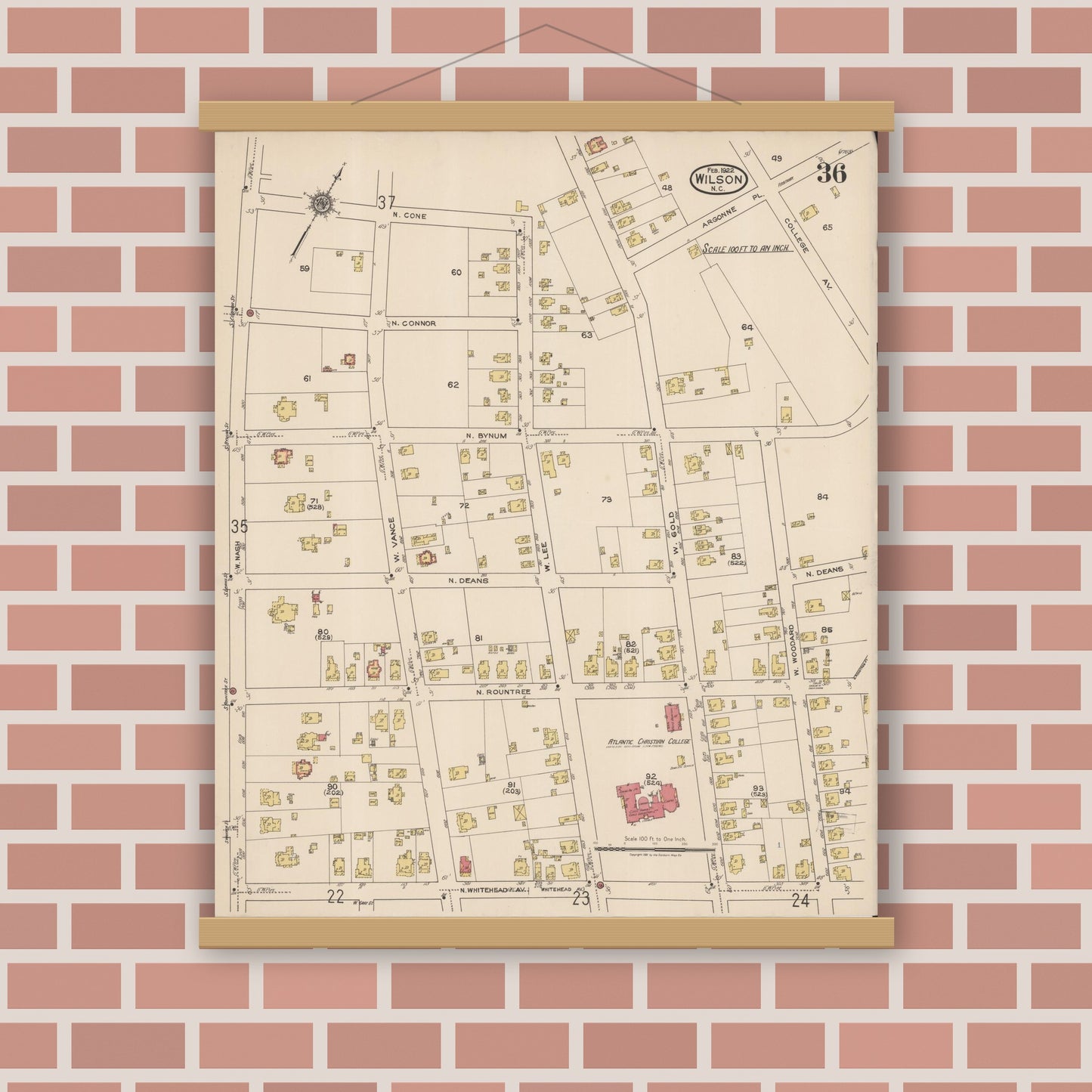 Old map wall art mockup — magnetic wood frame on brick wall — Sanborn Fire Insurance Map from Wilson, Wilson County, North Carolina (1922), Sheet #0036