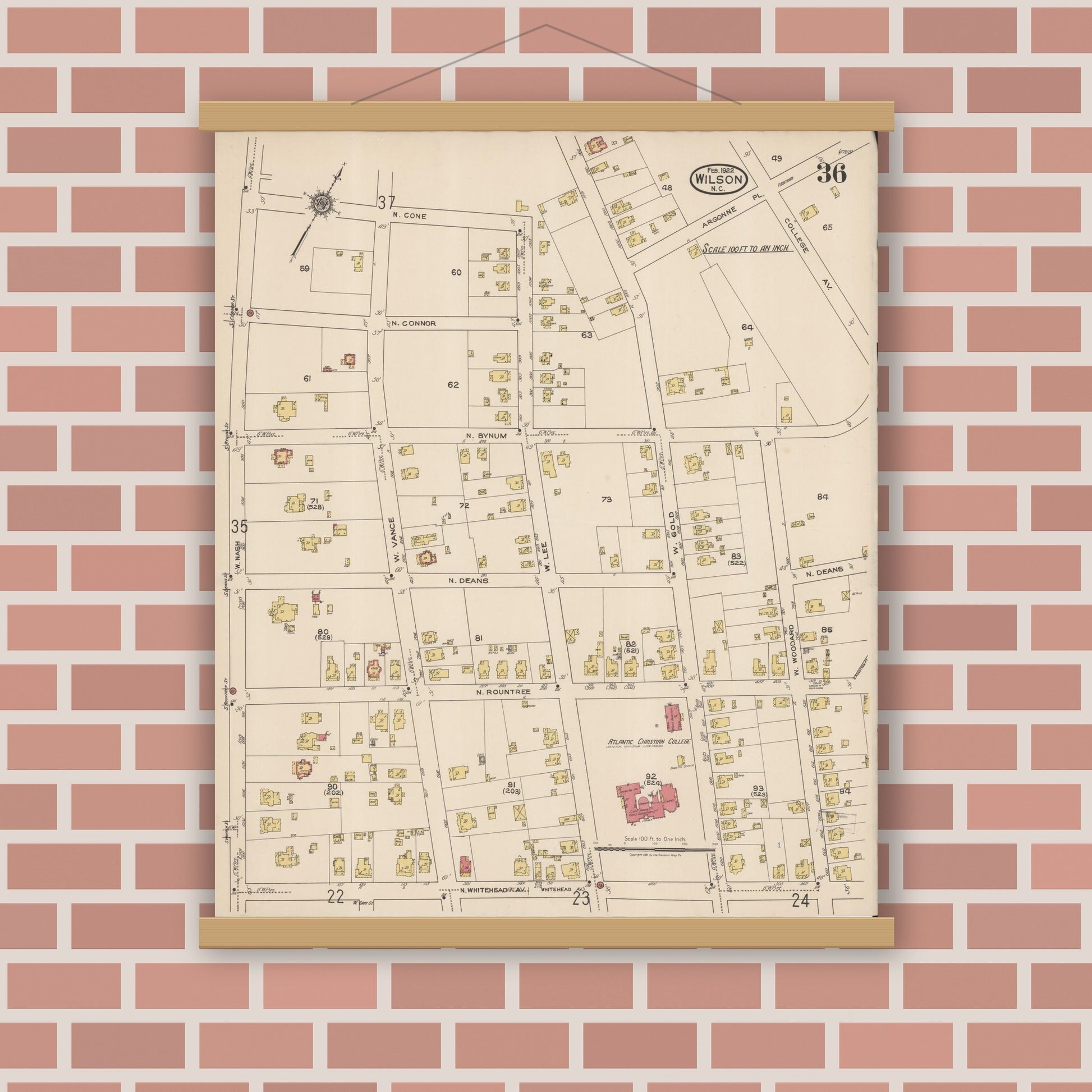 Old map wall art mockup — magnetic wood frame on brick wall — Sanborn Fire Insurance Map from Wilson, Wilson County, North Carolina (1922), Sheet #0036