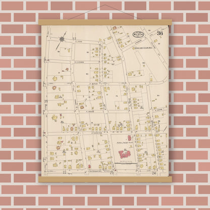 Old map wall art mockup — magnetic wood frame on brick wall — Sanborn Fire Insurance Map from Wilson, Wilson County, North Carolina (1922), Sheet #0036