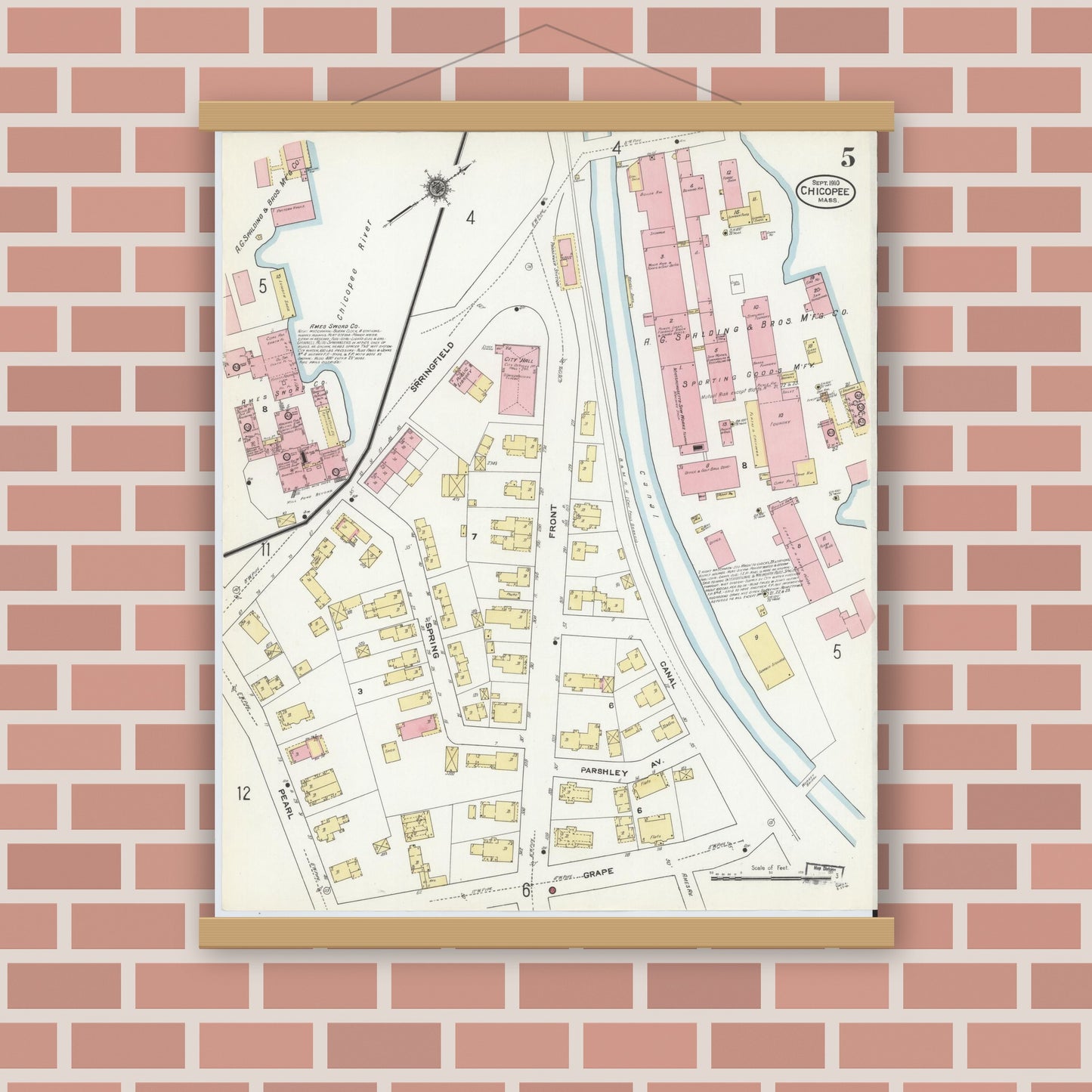 Old map wall art mockup — magnetic wood frame on brick wall — Sanborn Fire Insurance Map from Chicopee, Hampden County, Massachusetts (1910), Sheet #0005