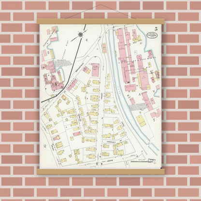 Old map wall art mockup — magnetic wood frame on brick wall — Sanborn Fire Insurance Map from Chicopee, Hampden County, Massachusetts (1910), Sheet #0005