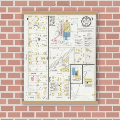 Old map wall art mockup — magnetic wood frame on brick wall — Sanborn Fire Insurance Map from Osgood, Ripley County, Indiana (1927) - Complete Map Set