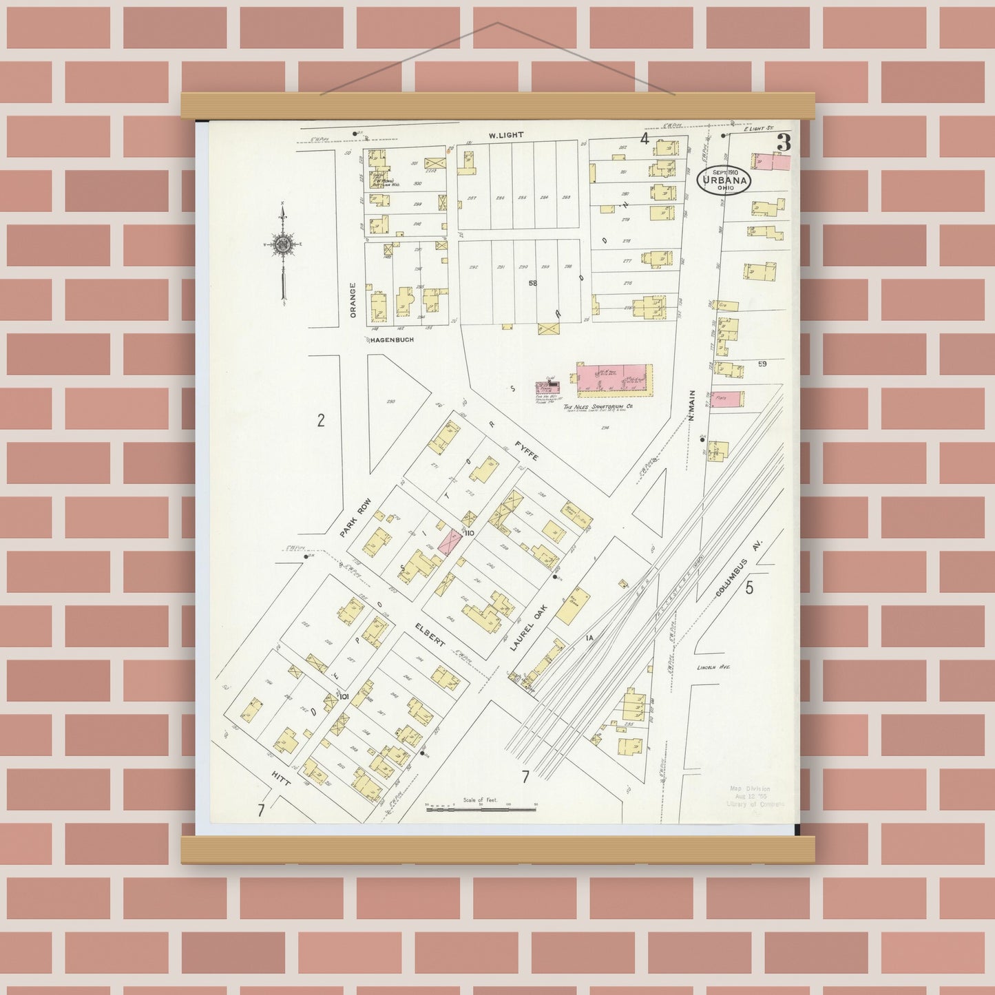 Old map wall art mockup — magnetic wood frame on brick wall — Sanborn Fire Insurance Map from Urbana, Champaign County, Ohio (1910), Sheet #0003
