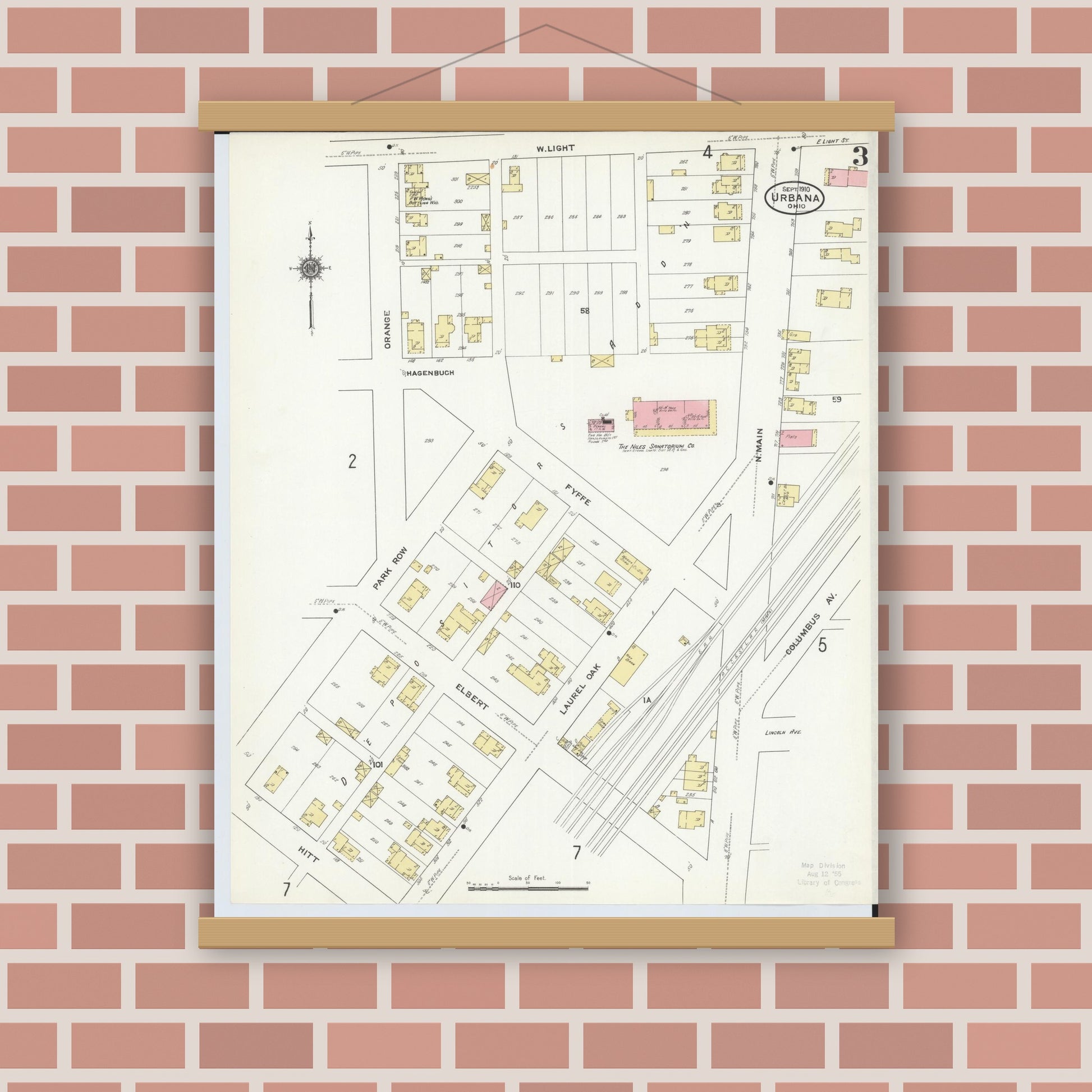 Old map wall art mockup — magnetic wood frame on brick wall — Sanborn Fire Insurance Map from Urbana, Champaign County, Ohio (1910), Sheet #0003