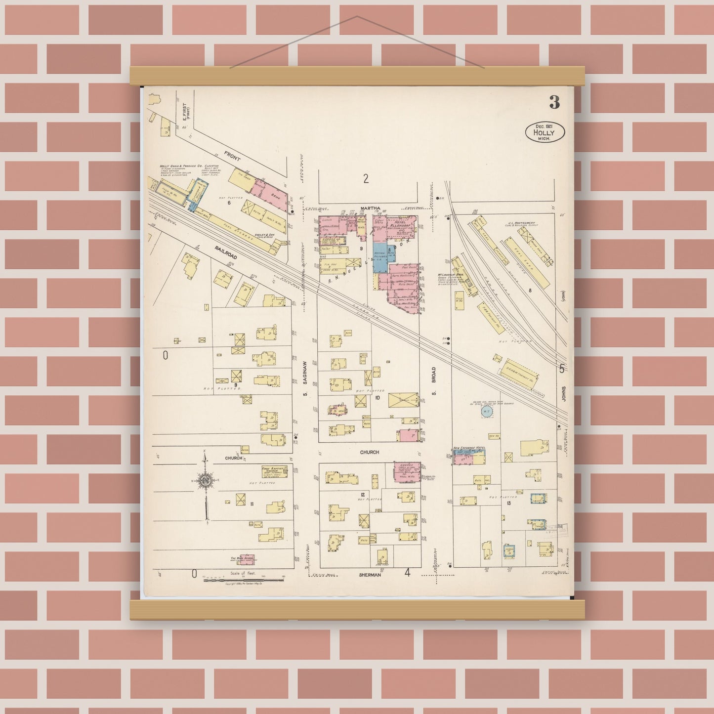 Old map wall art mockup — magnetic wood frame on brick wall — Sanborn Fire Insurance Map from Holly, Oakland County, Michigan (1921), Sheet #0003
