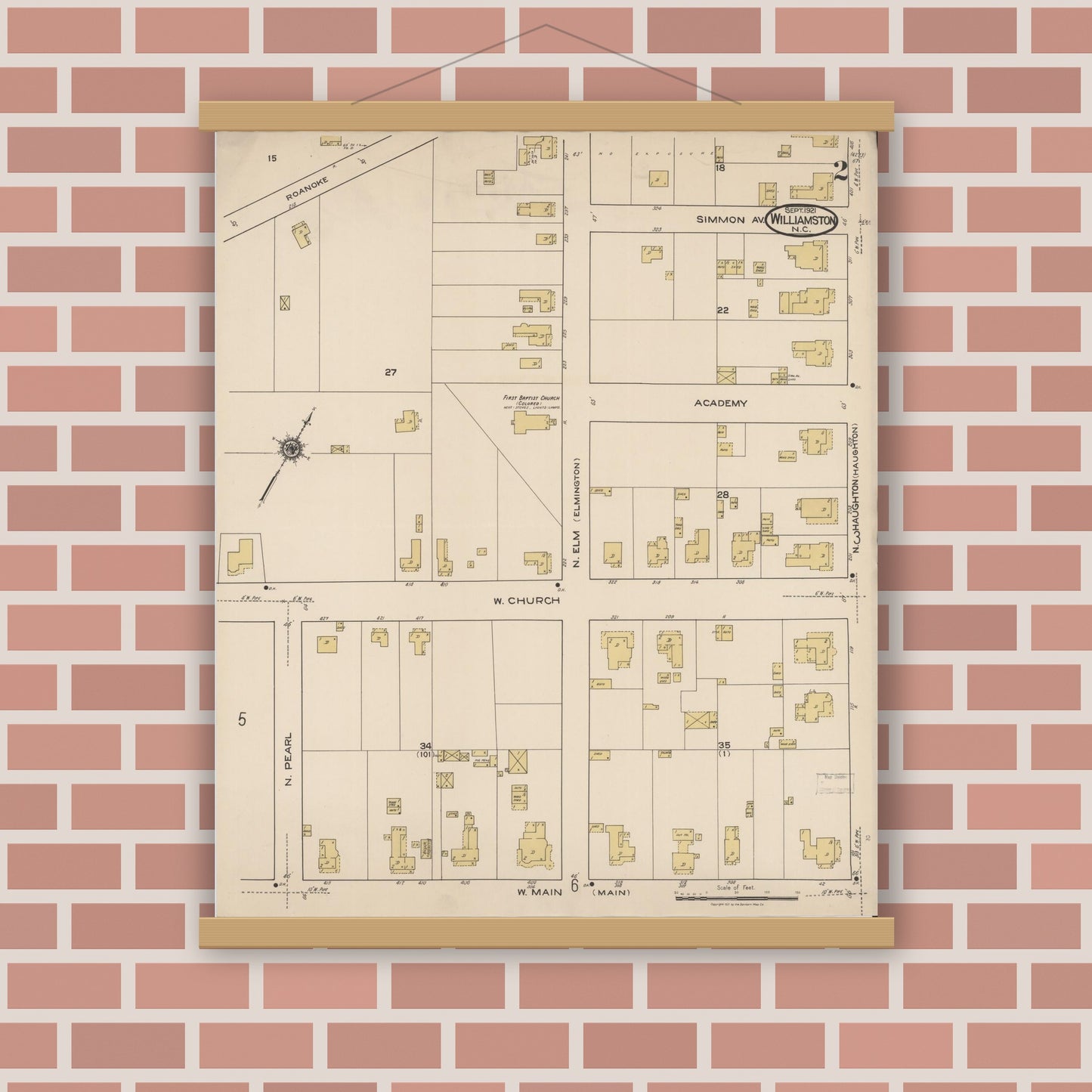 Old map wall art mockup — magnetic wood frame on brick wall — Sanborn Fire Insurance Map from Williamston, Martin County, North Carolina (1921), Sheet #0002