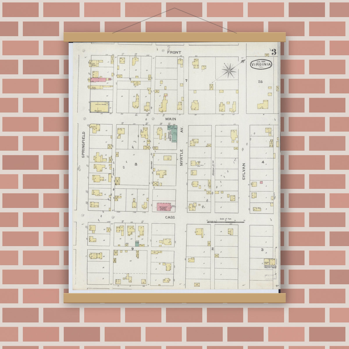 Old map wall art mockup — magnetic wood frame on brick wall — Sanborn Fire Insurance Map from Virginia, Cass County, Illinois (1894), Sheet #0003