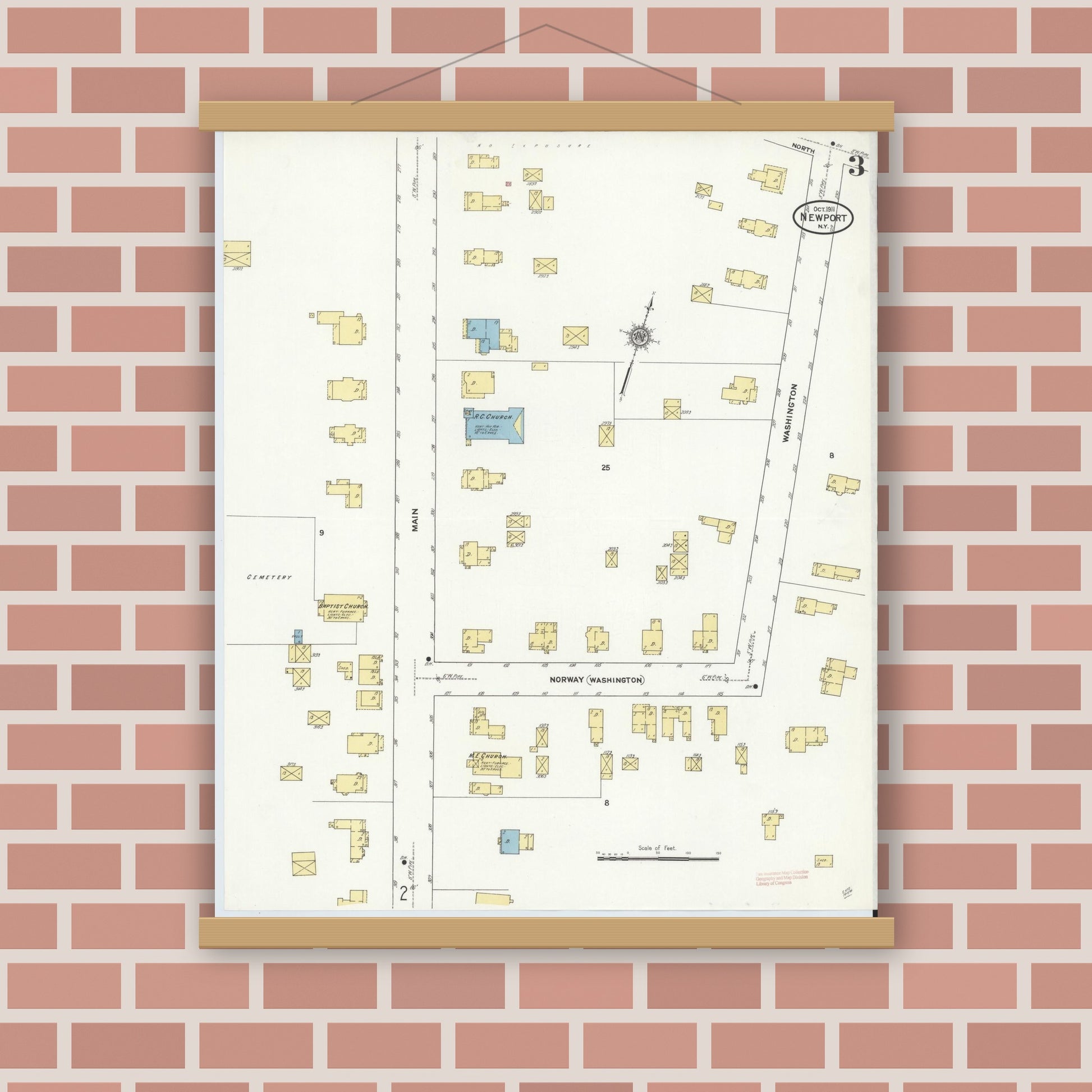 Old map wall art mockup — magnetic wood frame on brick wall — Sanborn Fire Insurance Map from Newport, Herkimer County, New York (1911), Sheet #0003