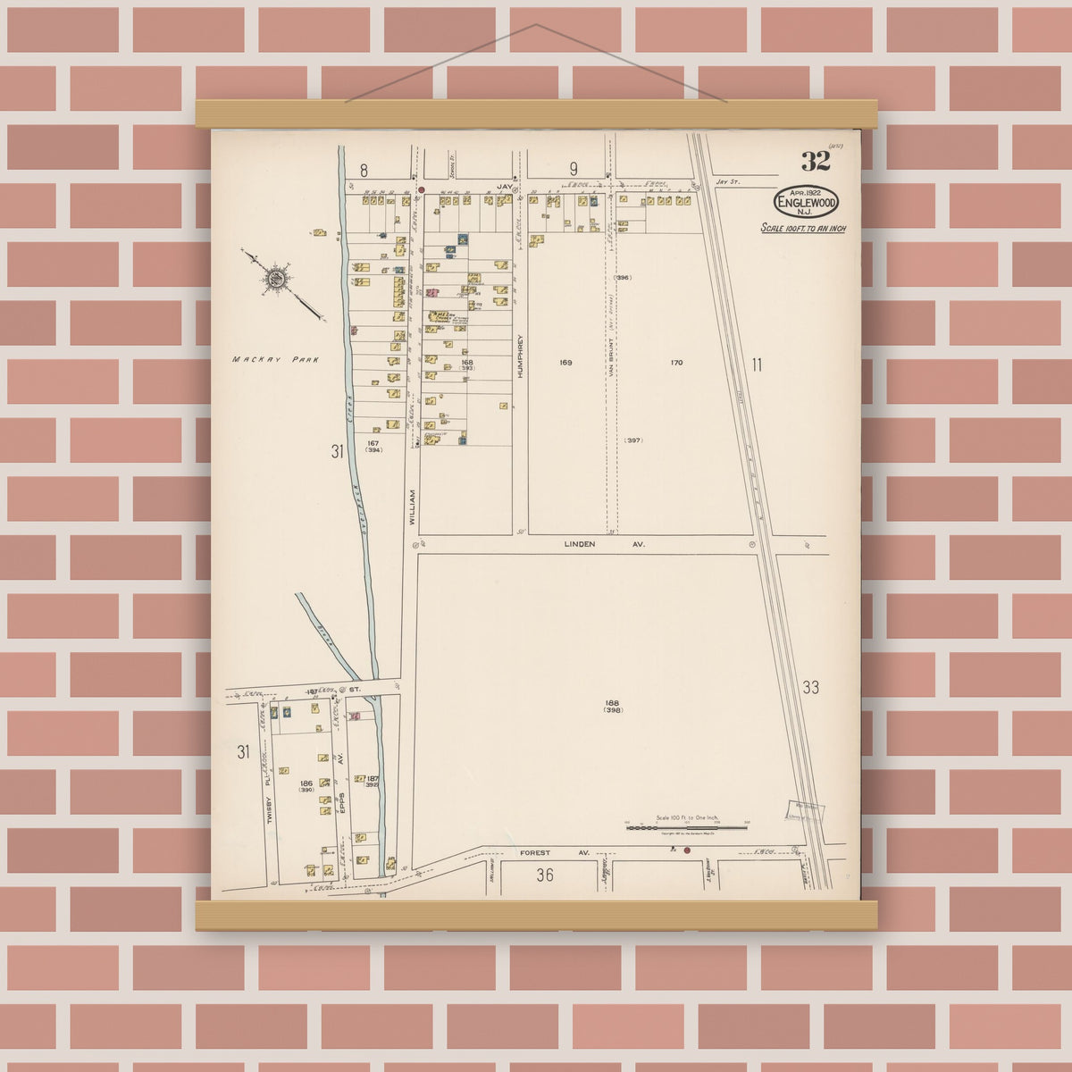 Old map wall art mockup — magnetic wood frame on brick wall — Sanborn Fire Insurance Map from Englewood, Bergen County, New Jersey (1922), Sheet #0032