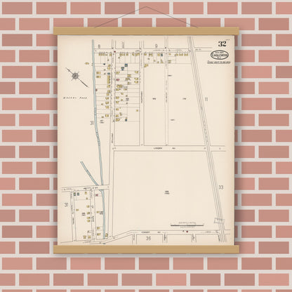Old map wall art mockup — magnetic wood frame on brick wall — Sanborn Fire Insurance Map from Englewood, Bergen County, New Jersey (1922), Sheet #0032