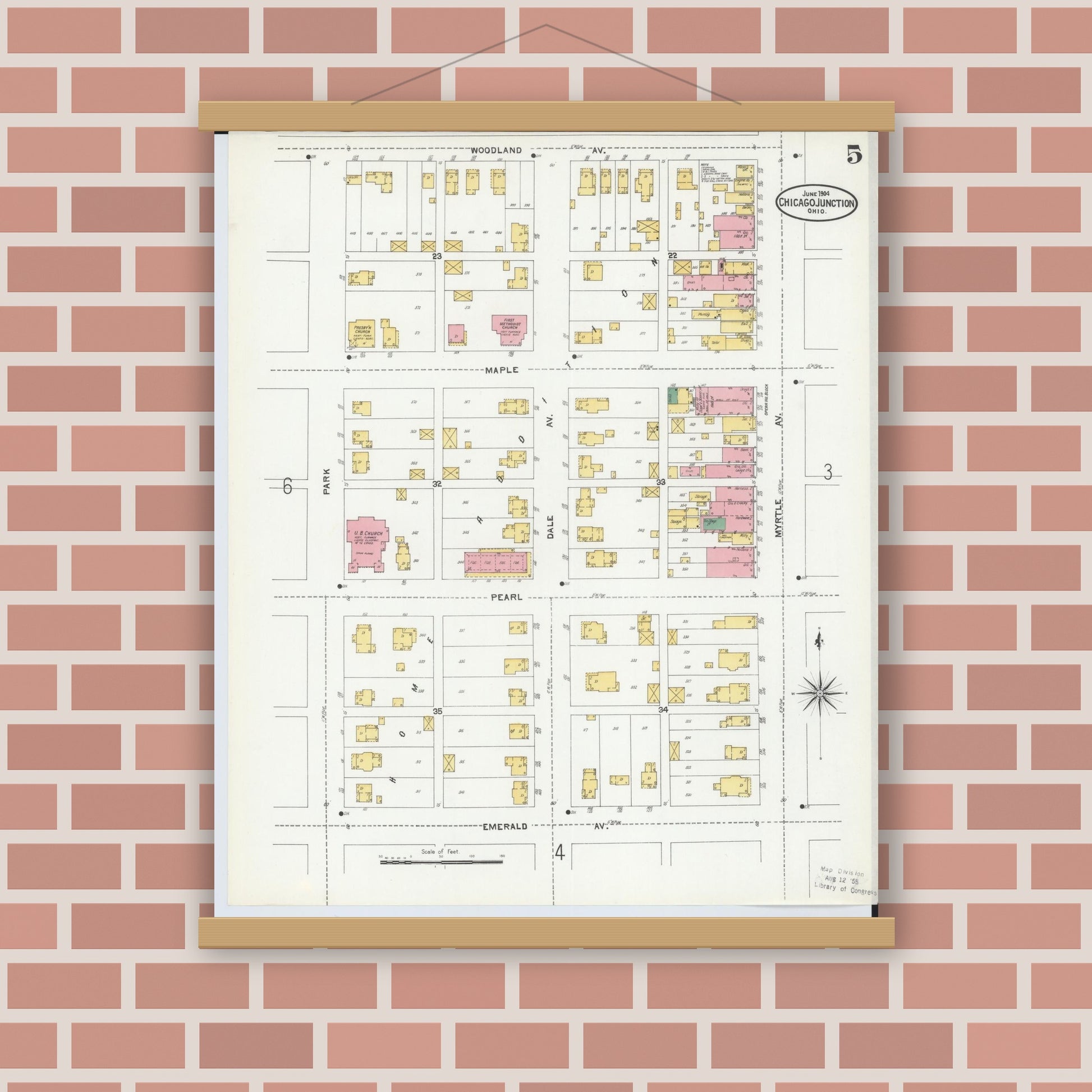 Old map wall art mockup — magnetic wood frame on brick wall — Sanborn Fire Insurance Map from Chicago Junction, Huron County, Ohio (1904), Sheet #0005