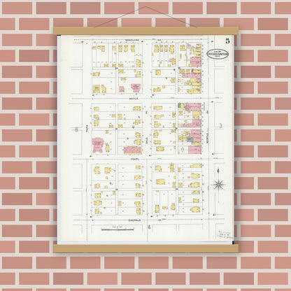 Old map wall art mockup — magnetic wood frame on brick wall — Sanborn Fire Insurance Map from Chicago Junction, Huron County, Ohio (1904), Sheet #0005