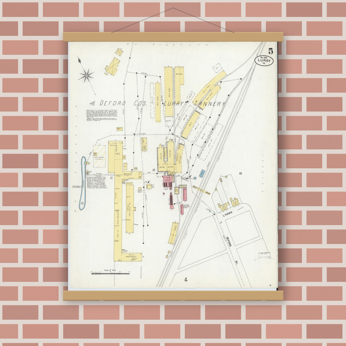 Old map wall art mockup — magnetic wood frame on brick wall — Sanborn Fire Insurance Map from Luray, Page County, Virginia (1902), Sheet #0005