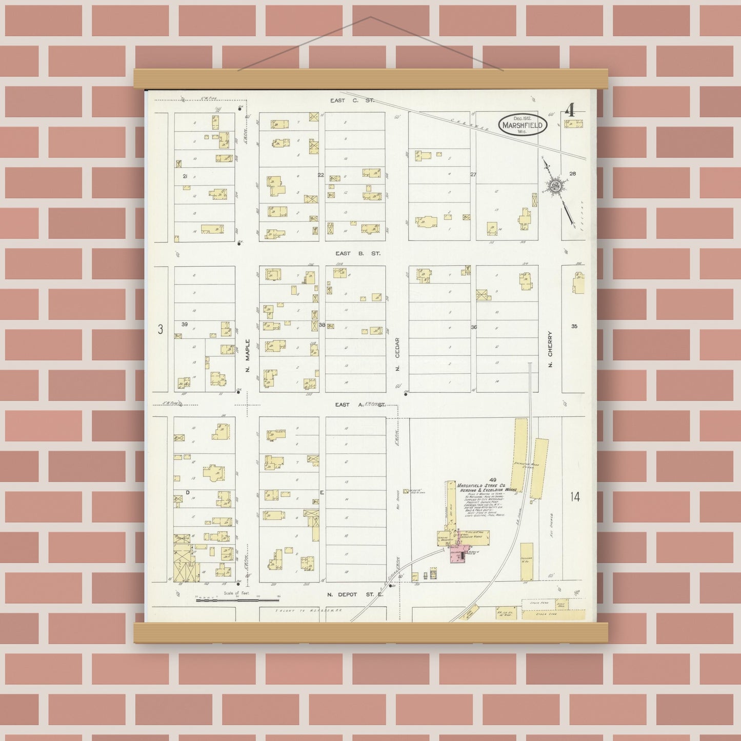 Old map wall art mockup — magnetic wood frame on brick wall — Sanborn Fire Insurance Map from Marshfield, Wood County, Wisconsin (1912), Sheet #0004