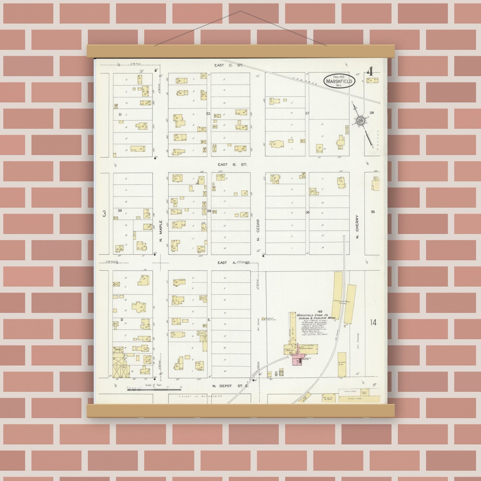 Old map wall art mockup — magnetic wood frame on brick wall — Sanborn Fire Insurance Map from Marshfield, Wood County, Wisconsin (1912), Sheet #0004