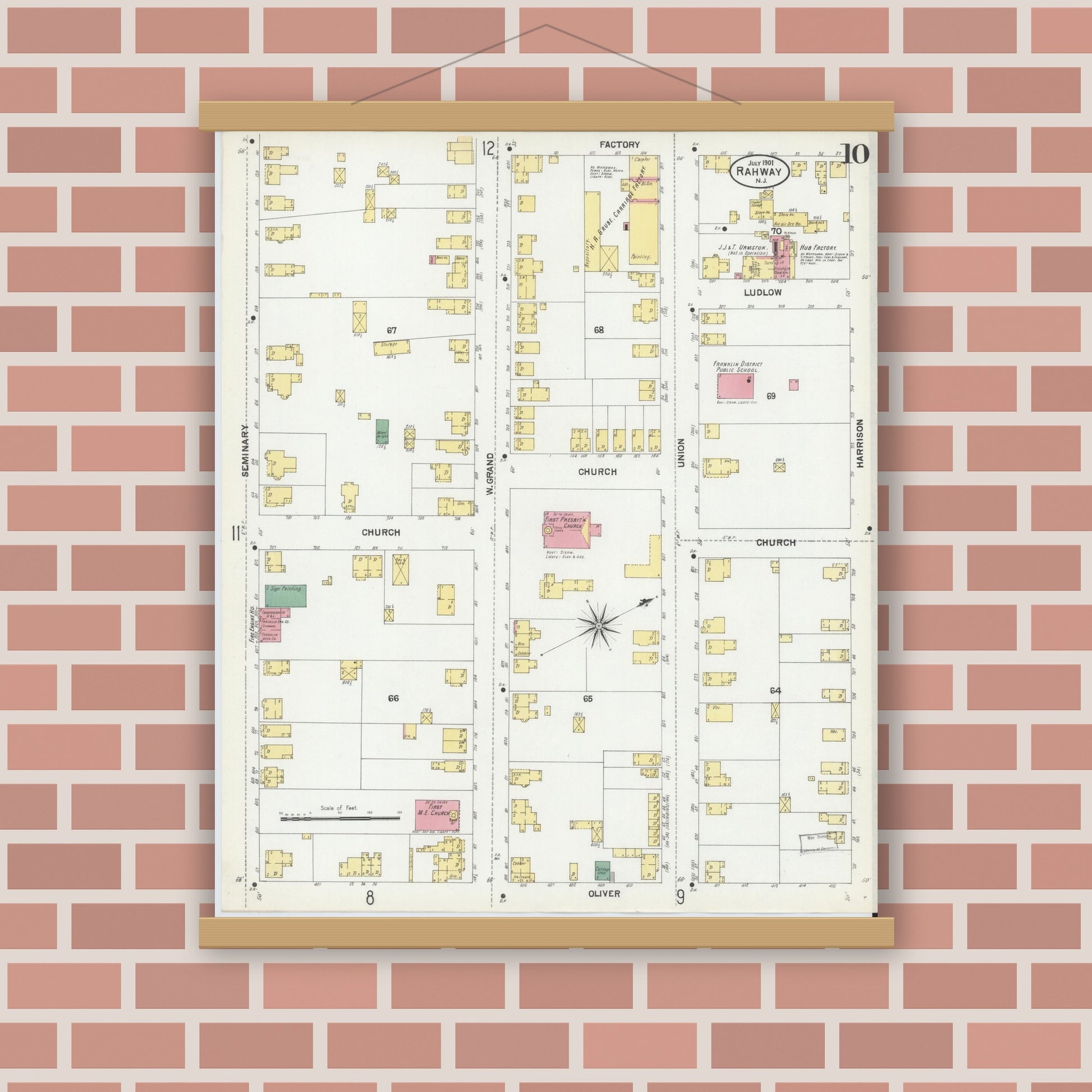 Old map wall art mockup — magnetic wood frame on brick wall — Sanborn Fire Insurance Map from Rahway, Union County, New Jersey (1901), Sheet #0010
