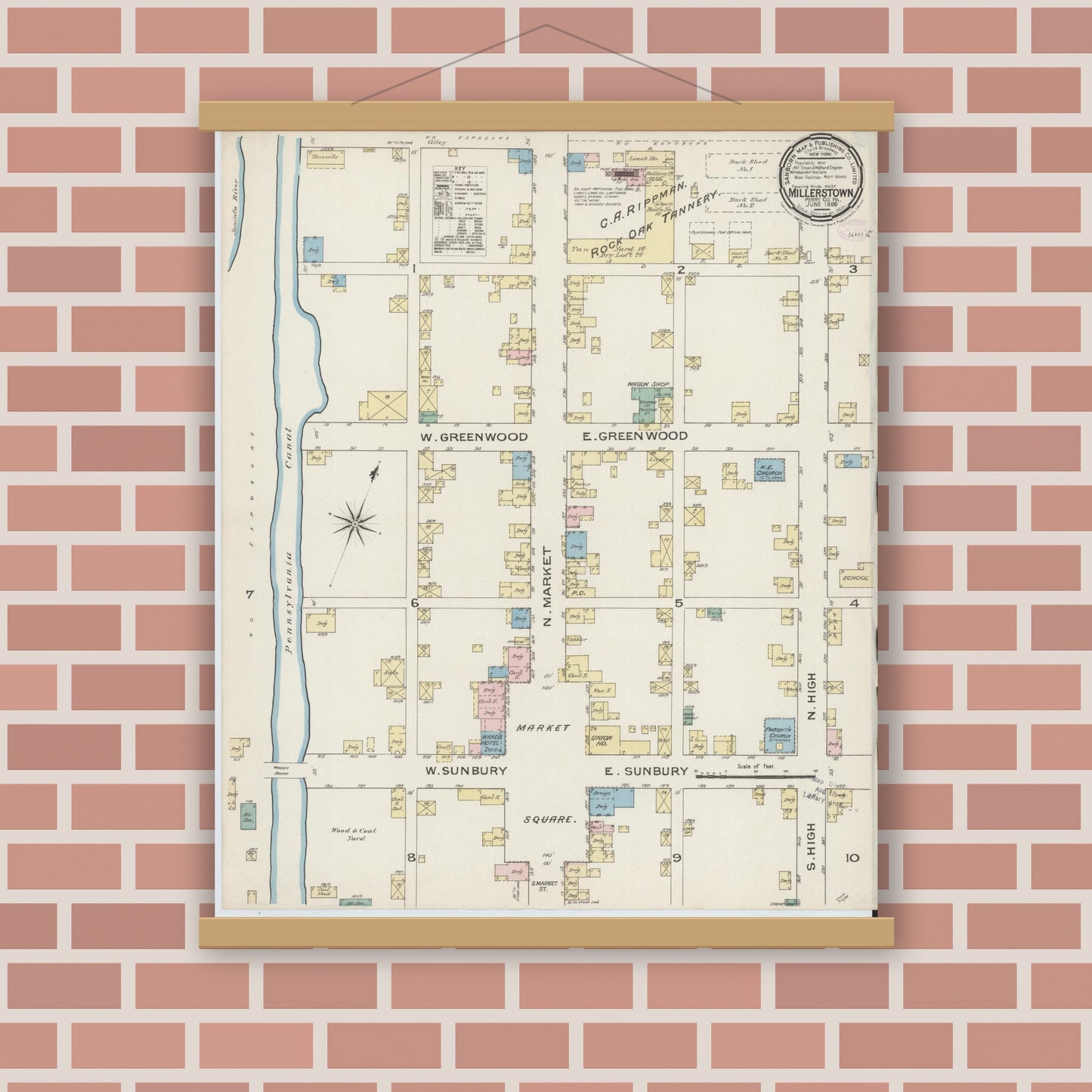 Old map wall art mockup — magnetic wood frame on brick wall — Sanborn Fire Insurance Map from Millerstown, Perry County, Pennsylvania (1886), Sheet #0001