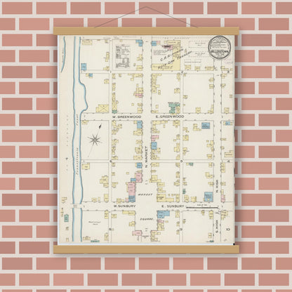 Old map wall art mockup — magnetic wood frame on brick wall — Sanborn Fire Insurance Map from Millerstown, Perry County, Pennsylvania (1886), Sheet #0001
