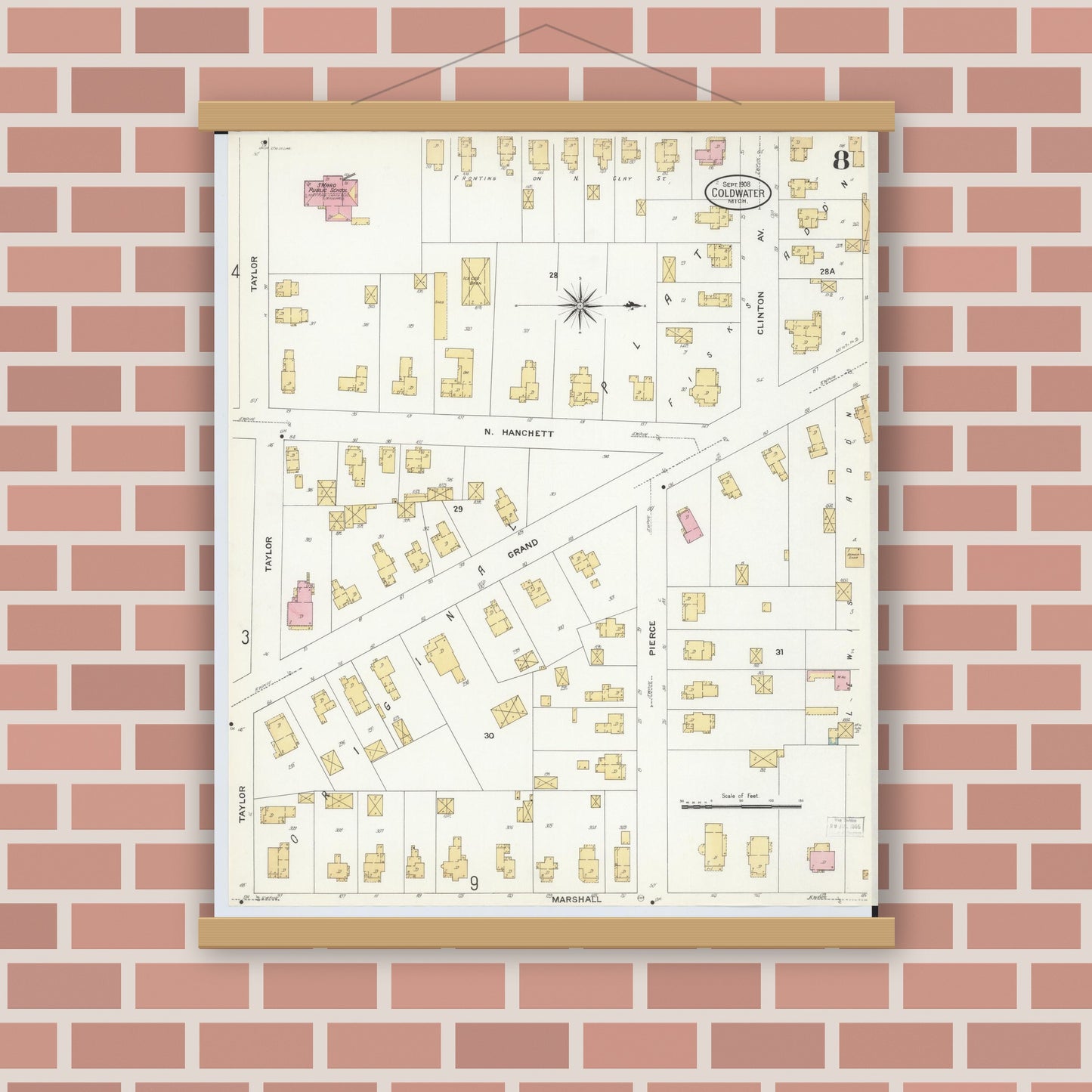 Old map wall art mockup — magnetic wood frame on brick wall — Sanborn Fire Insurance Map from Coldwater, Branch County, Michigan (1908), Sheet #0008