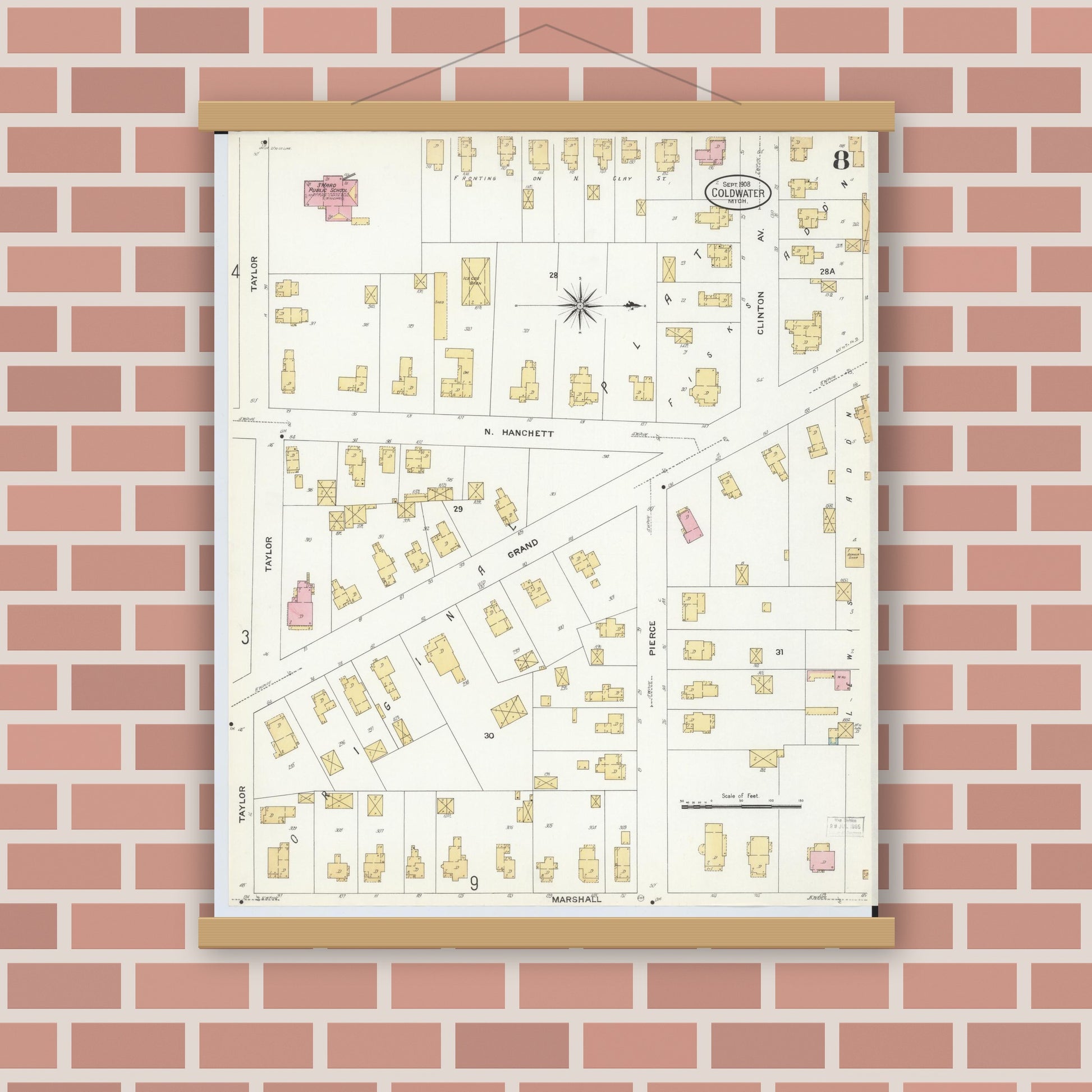 Old map wall art mockup — magnetic wood frame on brick wall — Sanborn Fire Insurance Map from Coldwater, Branch County, Michigan (1908), Sheet #0008