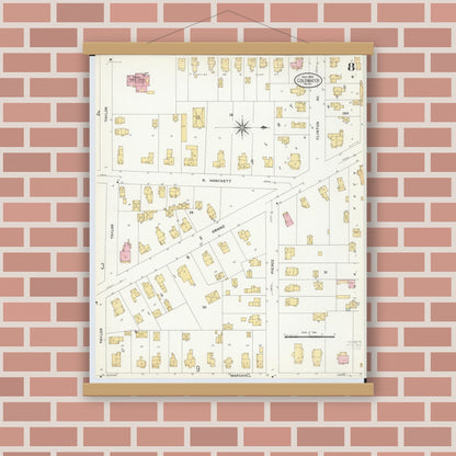 Old map wall art mockup — magnetic wood frame on brick wall — Sanborn Fire Insurance Map from Coldwater, Branch County, Michigan (1908), Sheet #0008