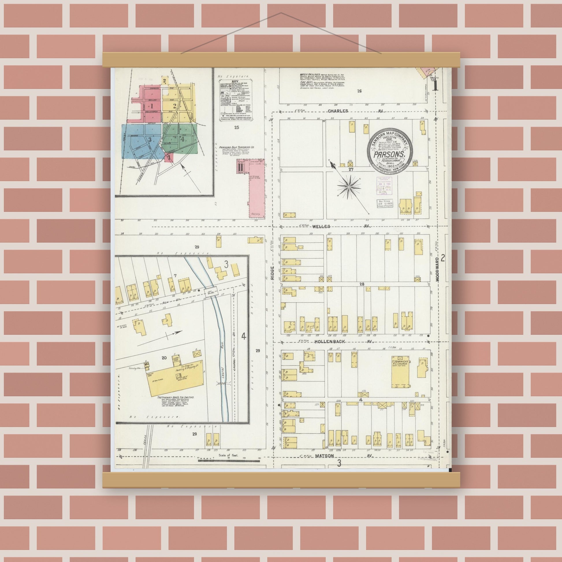 Old map wall art mockup — magnetic wood frame on brick wall — Sanborn Fire Insurance Map from Parsons, Luzerne County, Pennsylvania (1903) - Complete Map Set