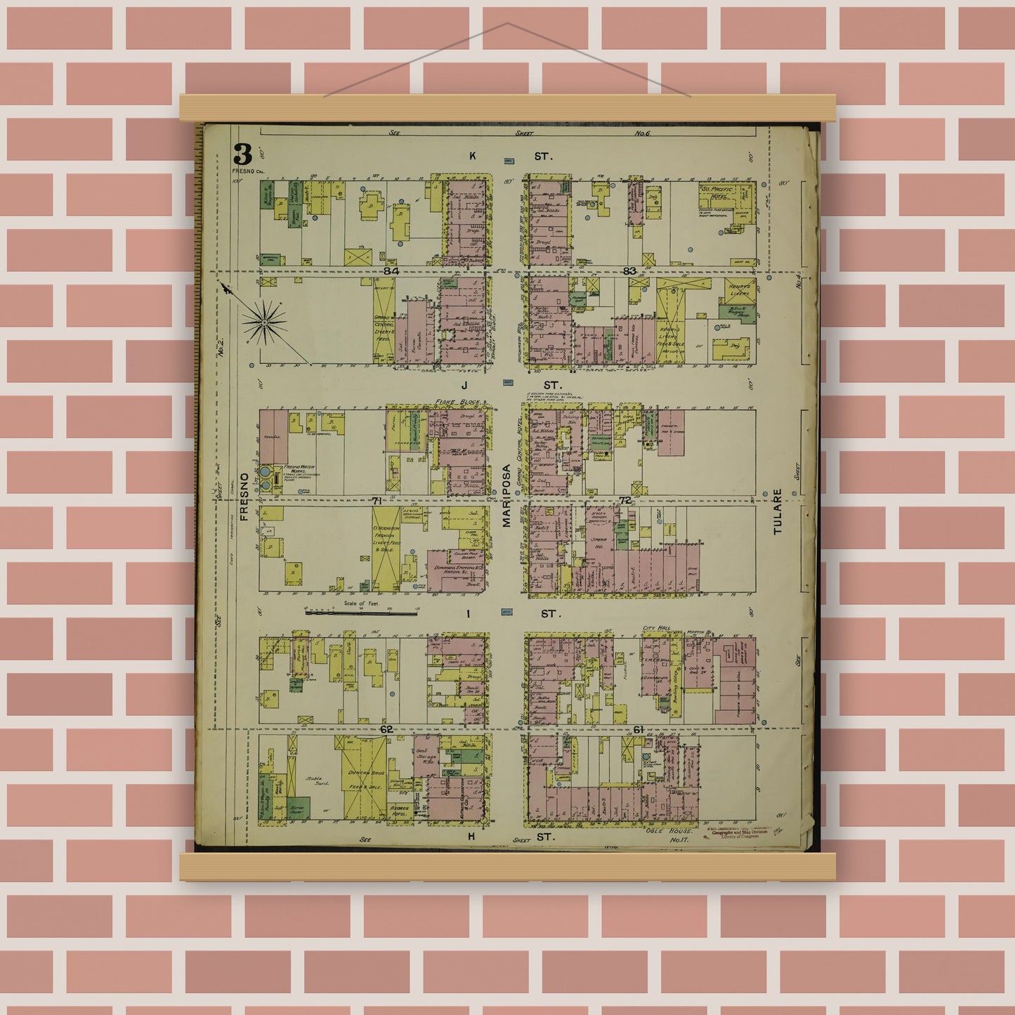Old map wall art mockup — magnetic wood frame on brick wall — Sanborn Fire Insurance Map from Fresno, Fresno County, California (1888), Sheet #0003