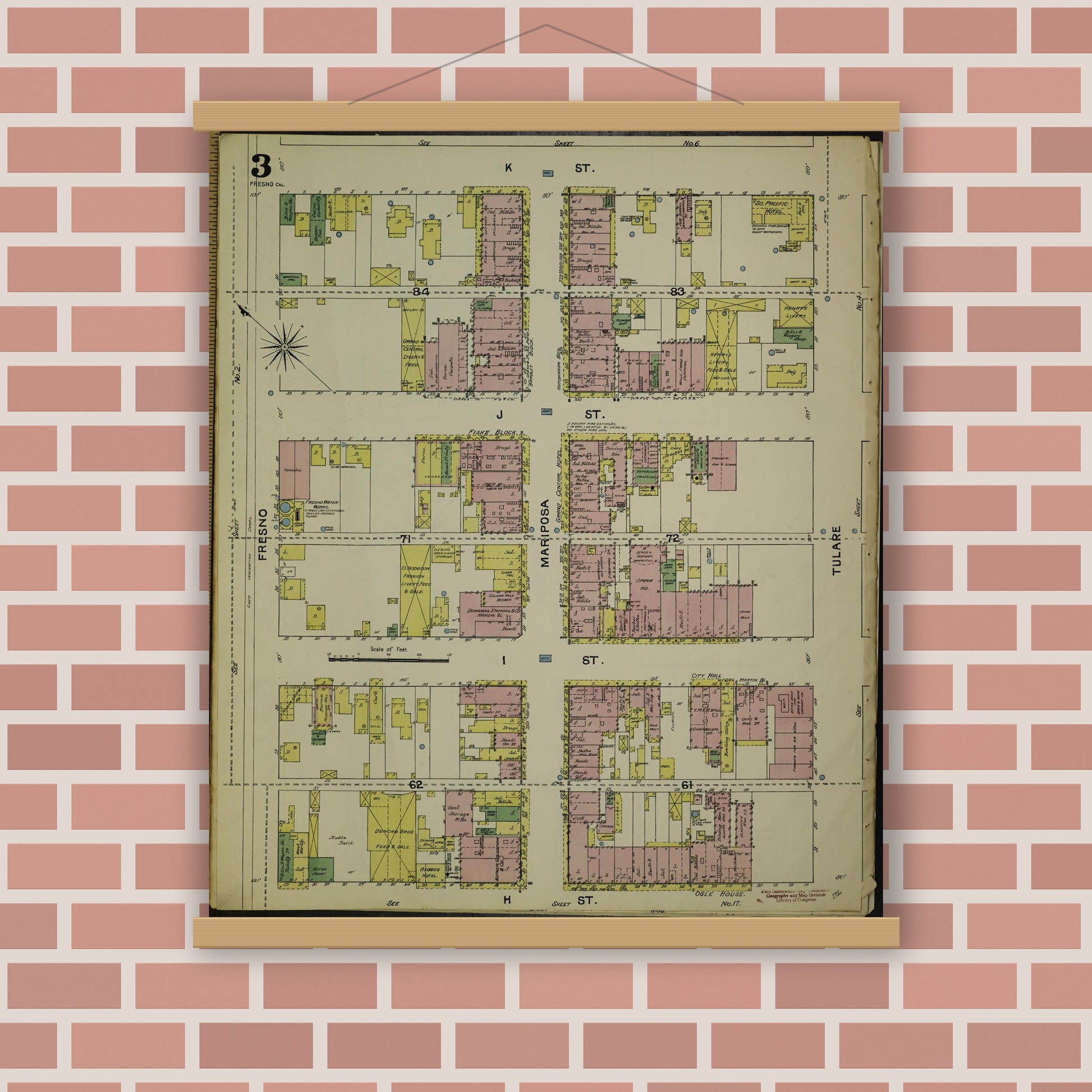 Old map wall art mockup — magnetic wood frame on brick wall — Sanborn Fire Insurance Map from Fresno, Fresno County, California (1888), Sheet #0003