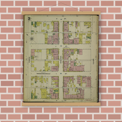 Old map wall art mockup — magnetic wood frame on brick wall — Sanborn Fire Insurance Map from Fresno, Fresno County, California (1888), Sheet #0003