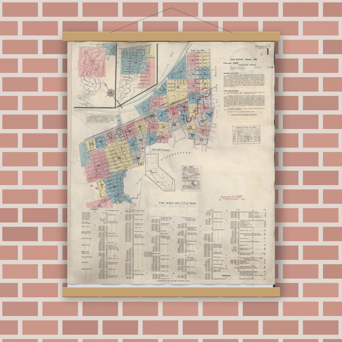 Old map wall art mockup — magnetic wood frame on brick wall — Sanborn Fire Insurance Map from Burlingame, San Mateo County, California (1949) - Complete Map Set