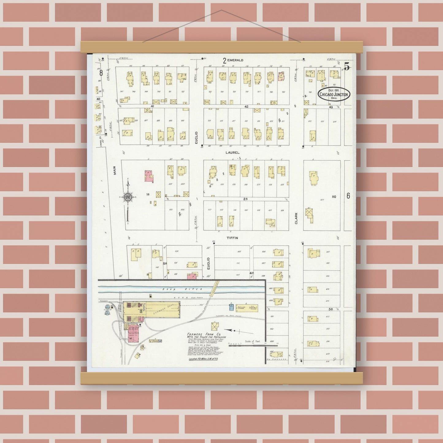 Old map wall art mockup — magnetic wood frame on brick wall — Sanborn Fire Insurance Map from Chicago Junction, Huron County, Ohio (1911), Sheet #0005