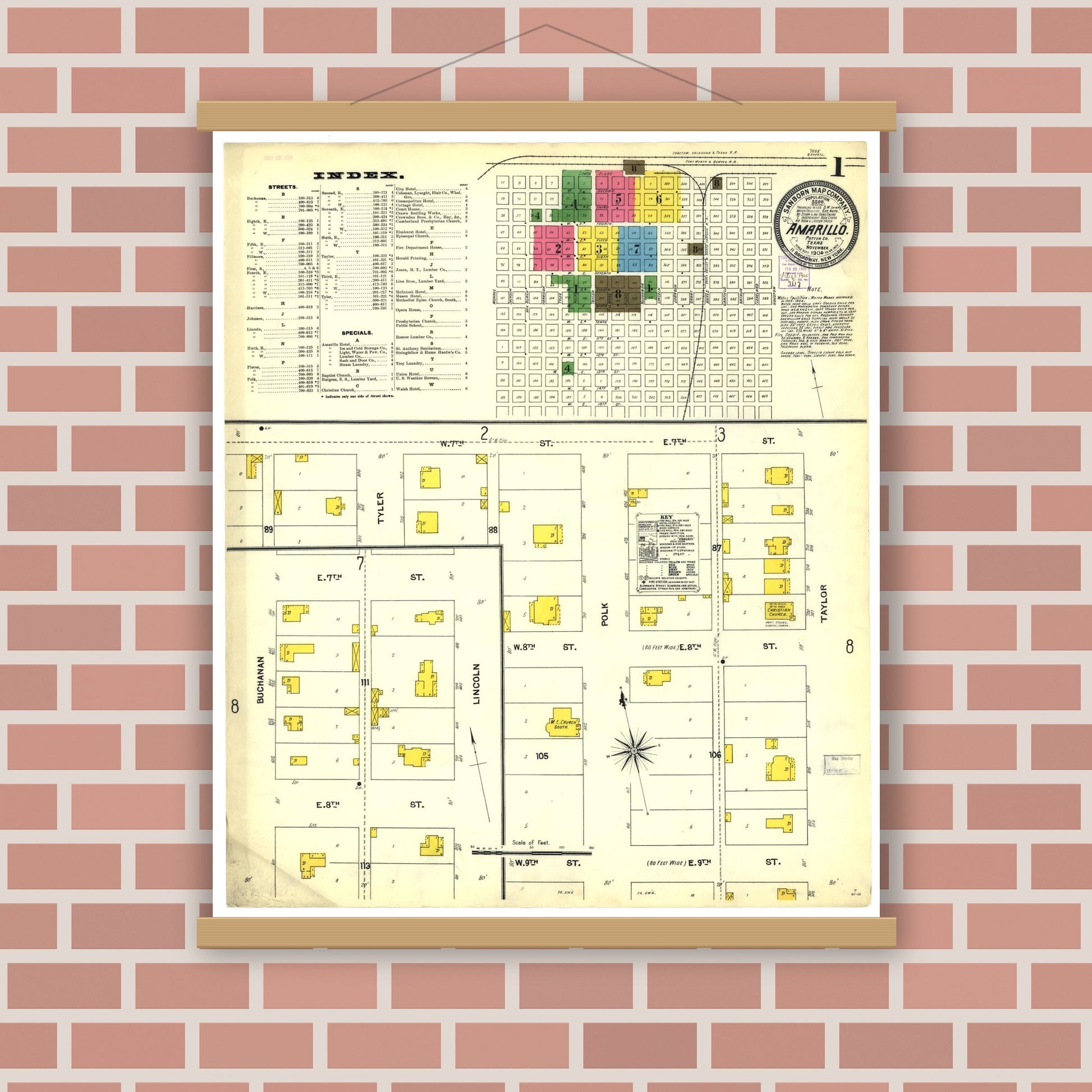 Old map wall art mockup — magnetic wood frame on brick wall — Sanborn Fire Insurance Map from Amarillo, Potter County, Texas (1904), Sheet #0001