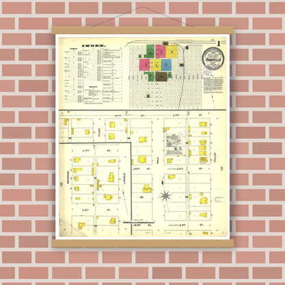 Old map wall art mockup — magnetic wood frame on brick wall — Sanborn Fire Insurance Map from Amarillo, Potter County, Texas (1904), Sheet #0001