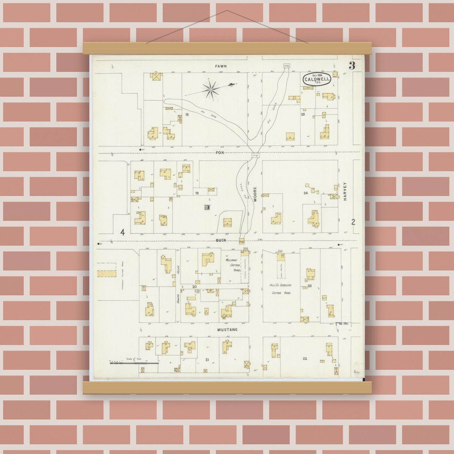 Old map wall art mockup — magnetic wood frame on brick wall — Sanborn Fire Insurance Map from Caldwell, Burleson County, Texas (1896), Sheet #0003