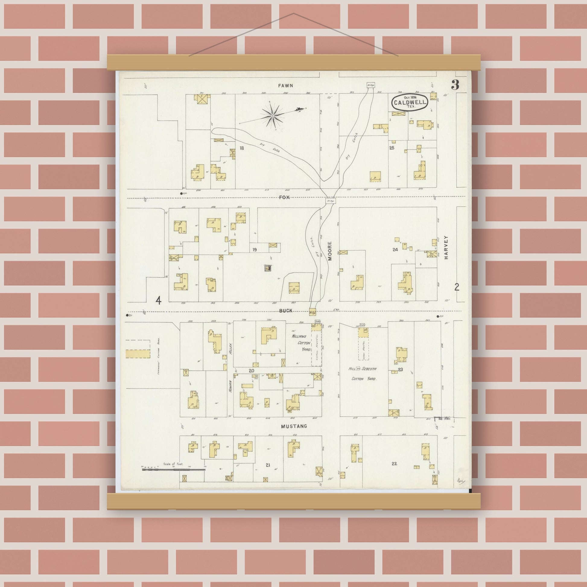 Old map wall art mockup — magnetic wood frame on brick wall — Sanborn Fire Insurance Map from Caldwell, Burleson County, Texas (1896), Sheet #0003
