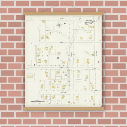 Old map wall art mockup — magnetic wood frame on brick wall — Sanborn Fire Insurance Map from Caldwell, Burleson County, Texas (1896), Sheet #0003